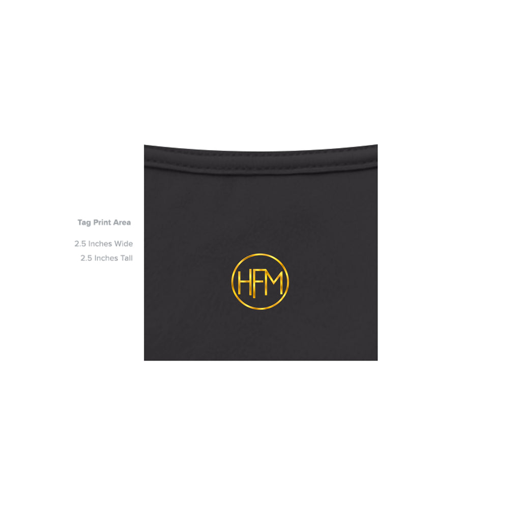 	HFM Apparel inside neck tag — Hustle For Mines Pitch Black Uncut Vault tee
