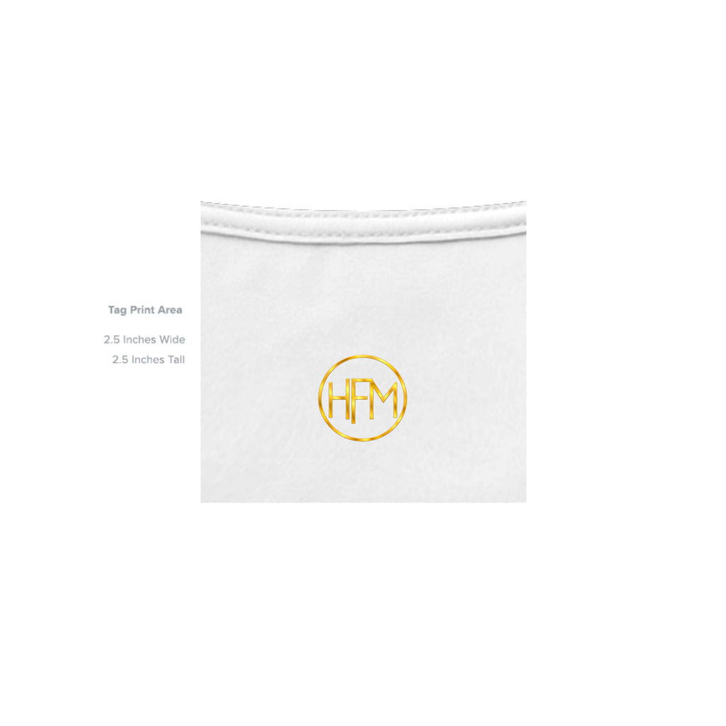	HFM Apparel inside neck tag — Born Legend White Uncut Vault tee