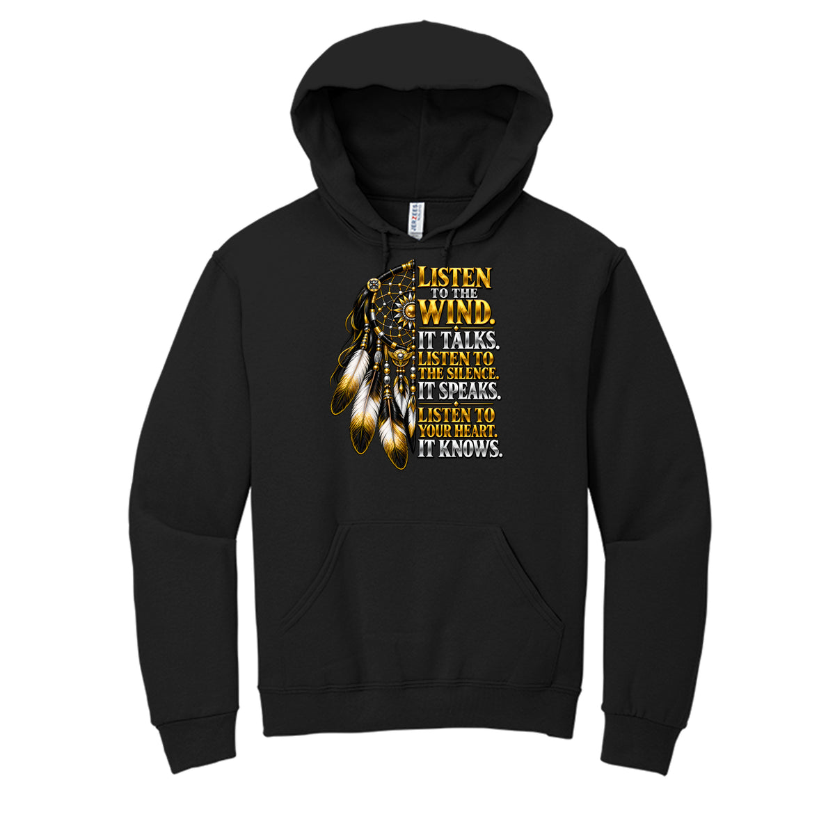 HFM Listen to the Wind men's black pullover hoodie with gold dreamcatcher graphic — Drop 004