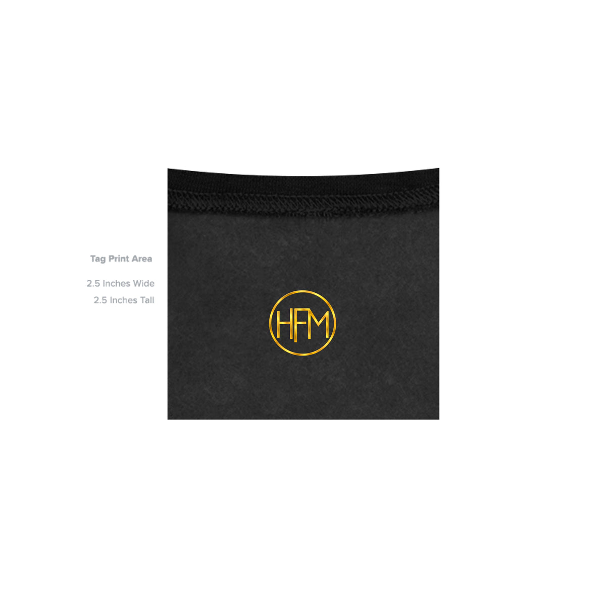 HFM branded neck tag detail on black pullover hoodie — Drop 004