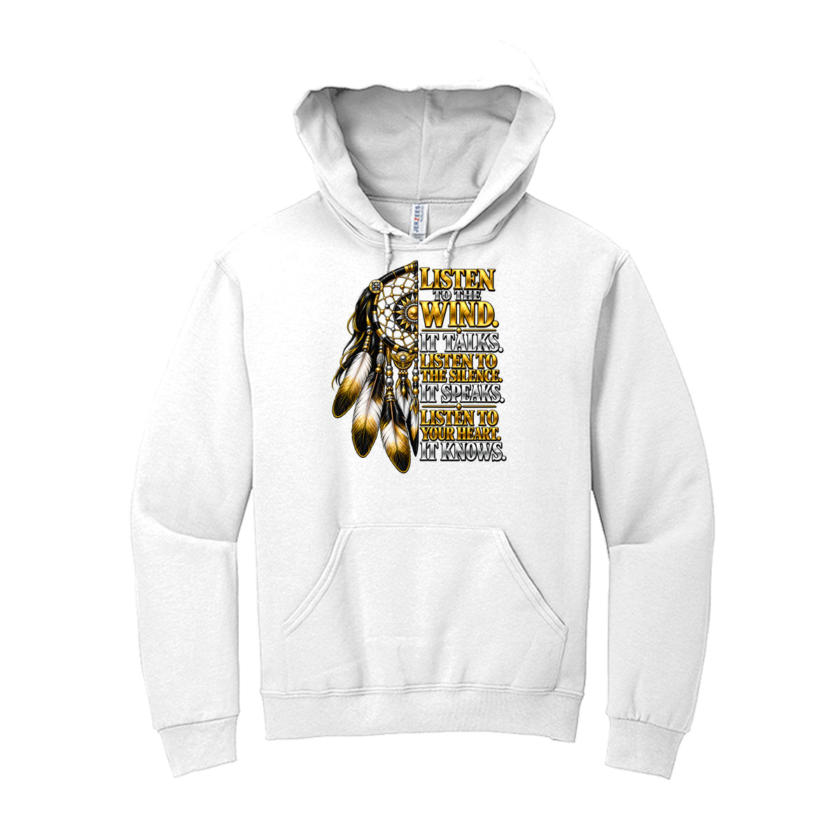 HFM Listen to the Wind men's white pullover hoodie with gold dreamcatcher graphic — Drop 004