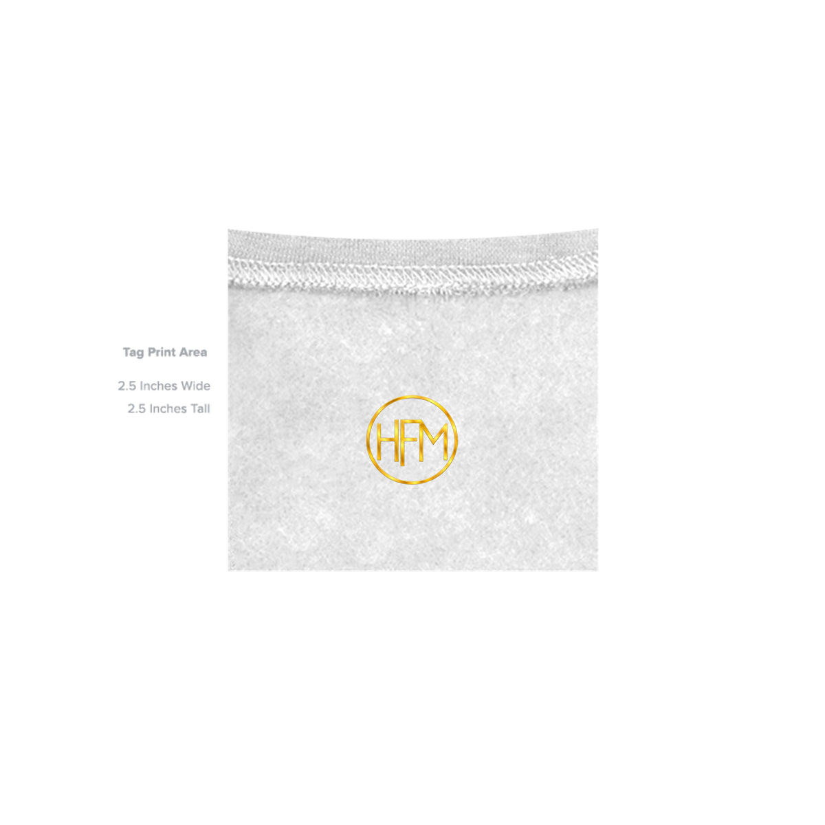 HFM branded neck tag detail on Listen to the Wind men's white pullover hoodie — Drop 004