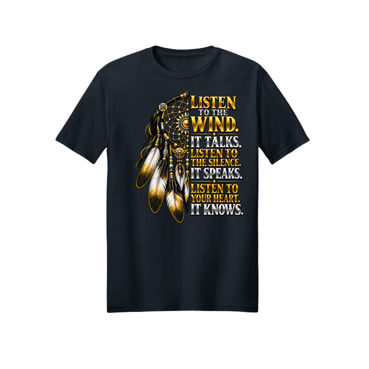 HFM Listen to the Wind men's black tee with gold dreamcatcher graphic — Drop 004