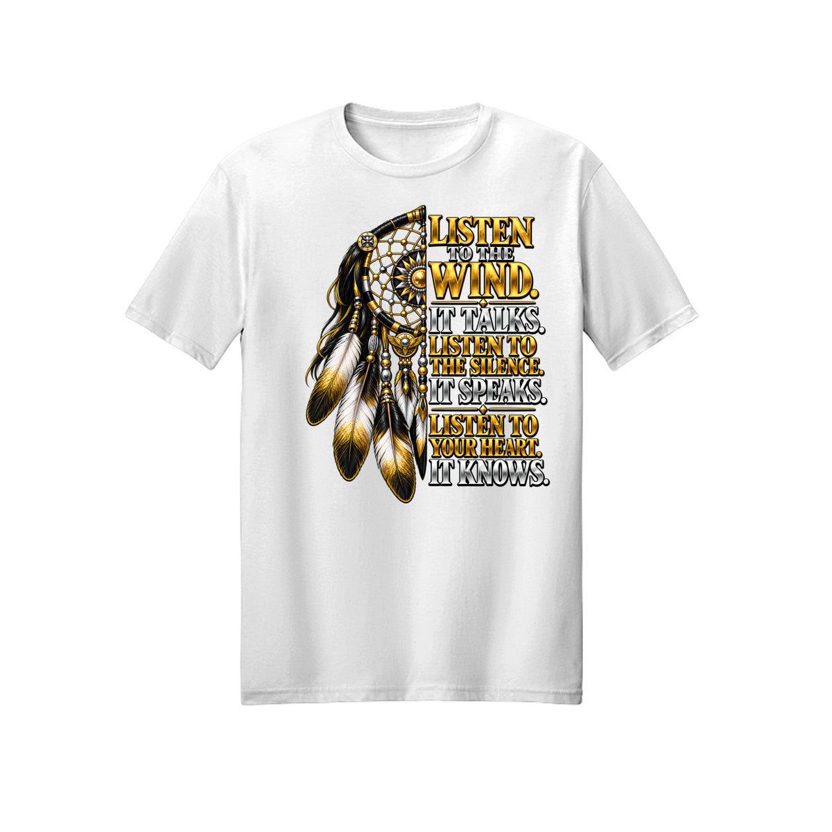 HFM Listen to the Wind men's white tee with gold dreamcatcher graphic — Drop 004