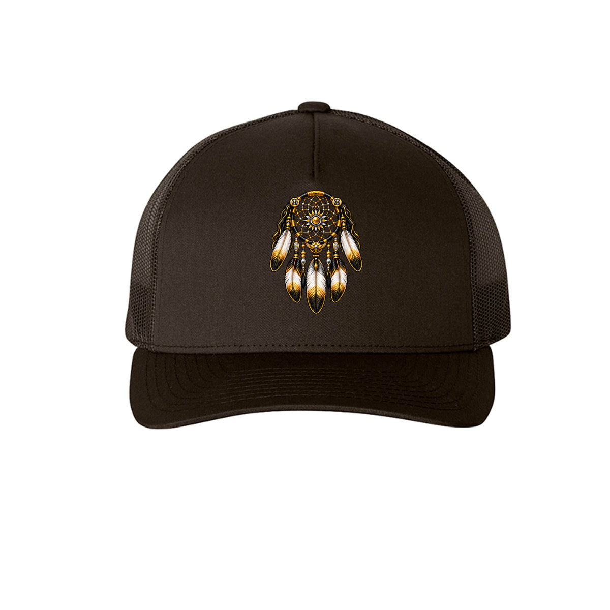HFM Listen to the Wind black retro trucker cap with gold dreamcatcher graphic — Drop 004
