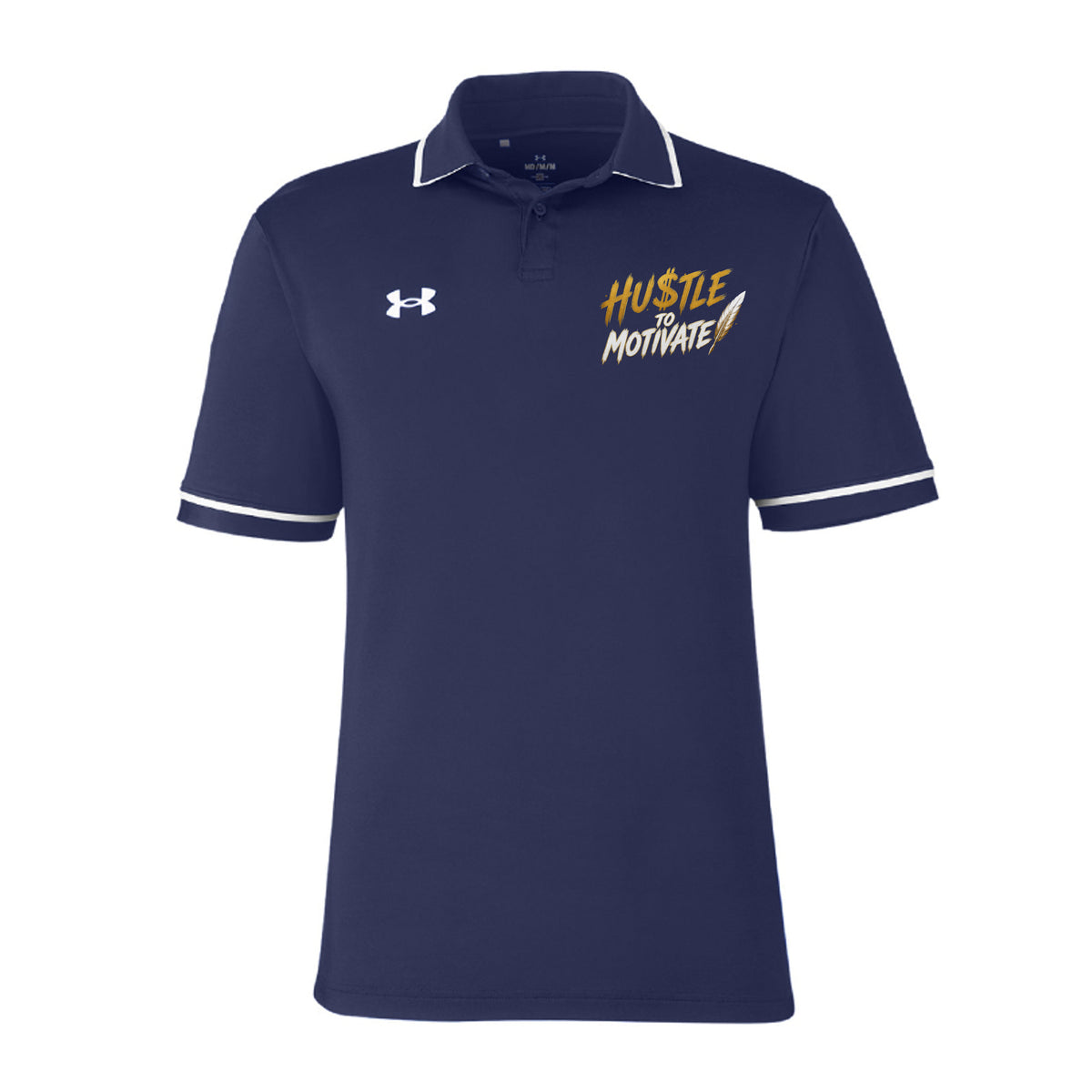 .Hu$tle To Motivate men's Under Armour polo navy blue front— Hustle For Mines